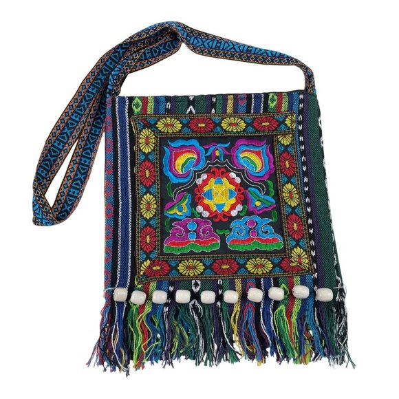 Handmade Multicolor Woven & Embroidered Boho Crossbody Bag Fringe & Beaded - Picture 1 of 12